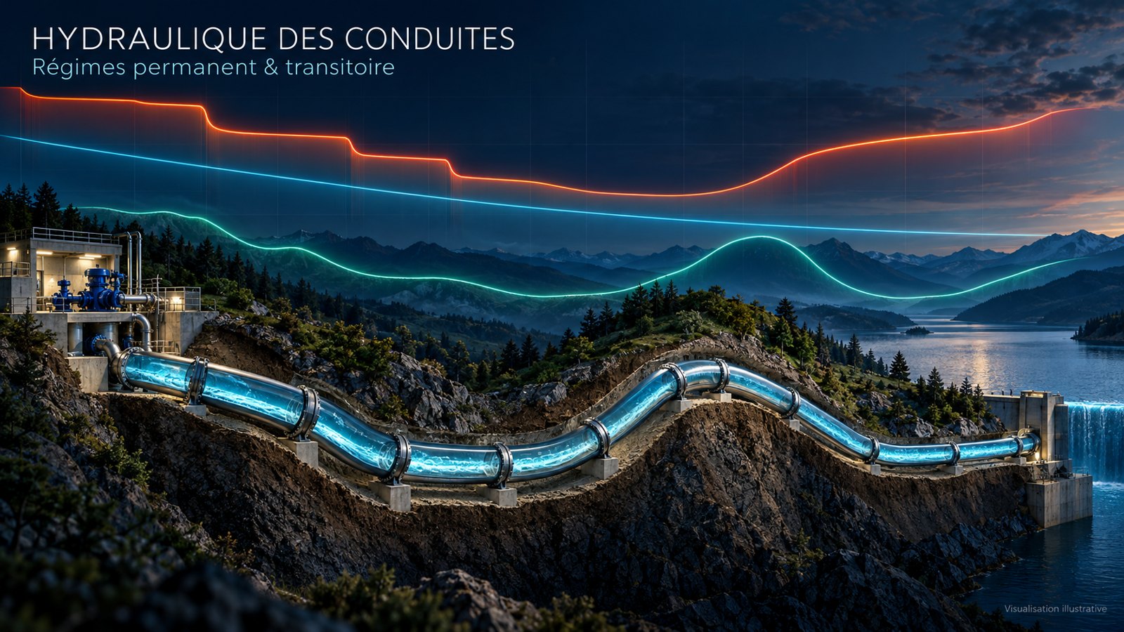 Lignes piézométriques en régimes permanent et transitoire — visualisation illustrative